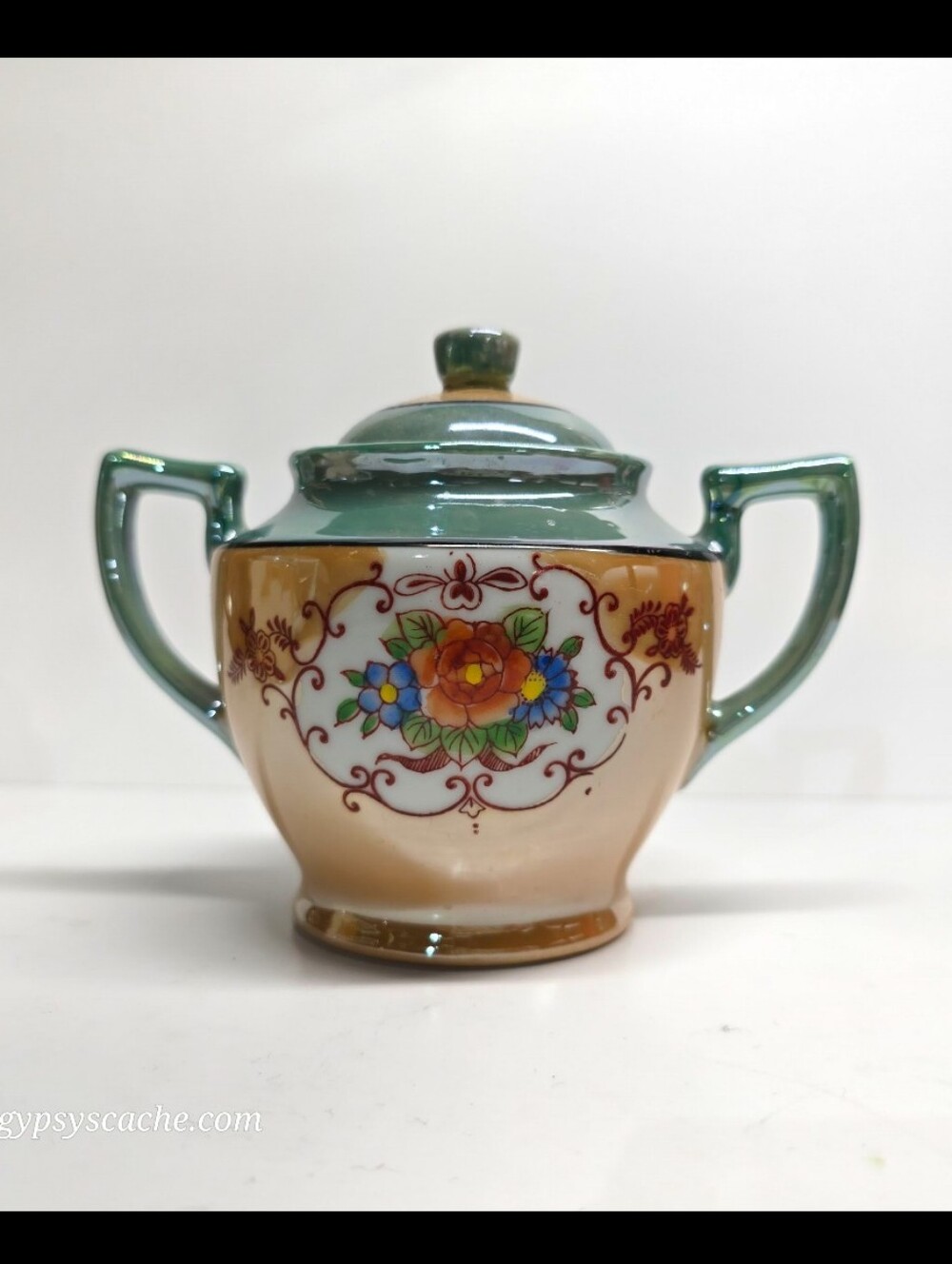 Vintage Turquoise and Orange Lustre Ceramic Sugar Bowl -Hand Painted-Japan